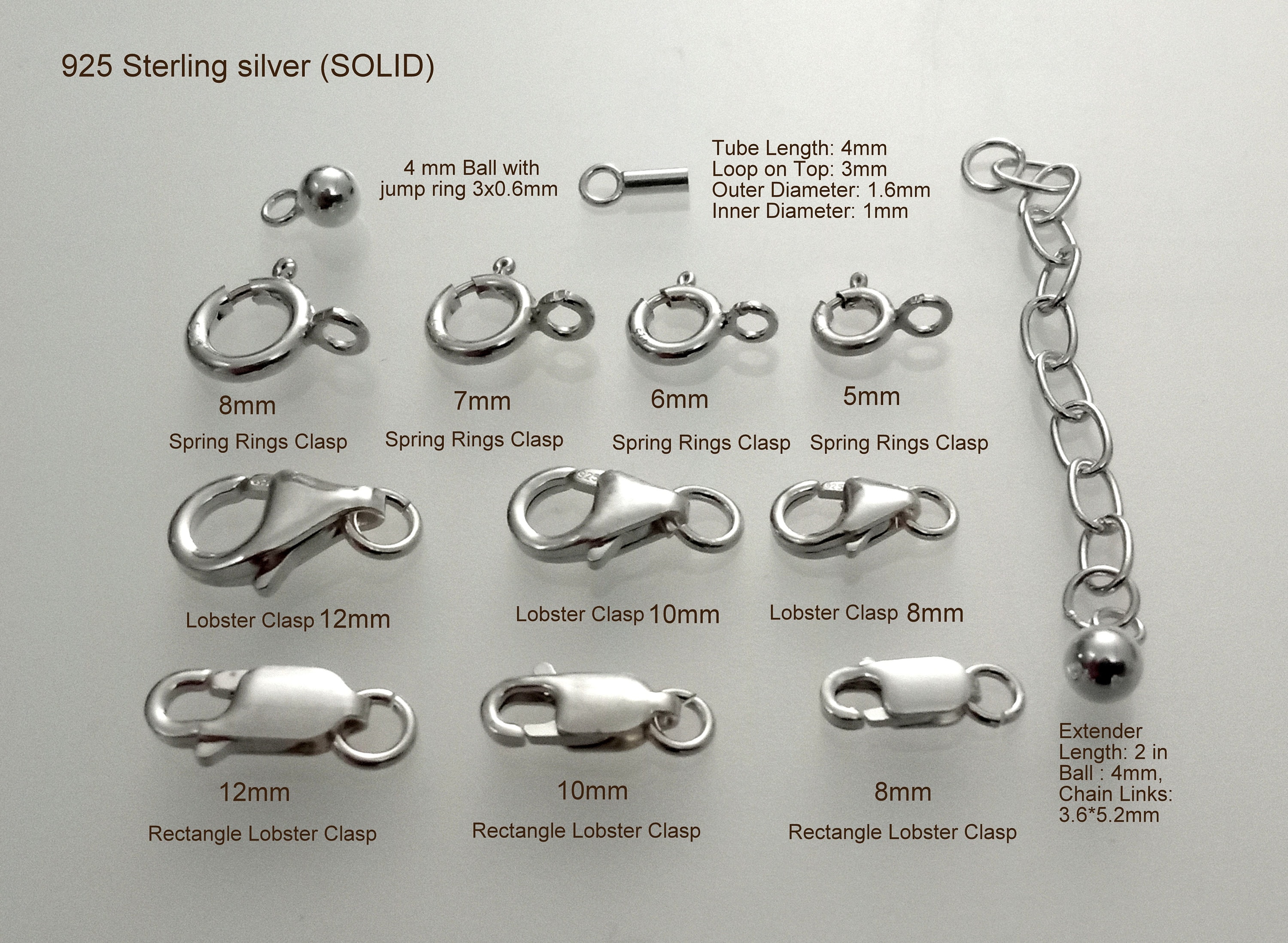 Silver Lobster Clasps, Silver Spring Ring Clasps, Silver Claw Clasps, 925  Sterling Silver, Chain Extender, 4mm ball with ring, End tube