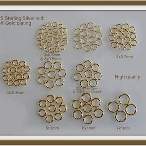 Jump Rings 925 Sterling Silver with 18K Gold plating Opened 3mm, 4mm,  5mm,   Sold by 2, 4, 6, 10, 20, 30, 40, 50, 100pcs
