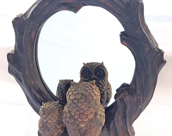 Resin Owl Family Tabletop Mirror: Owls in Reflection/ Wood styled Frame/ Vtg Boho Cottage Decor