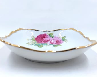 Vintage Japan Porcelain Trinket Dish: Pink Rose, Gold Gilt, 5" Square, Hand Painted