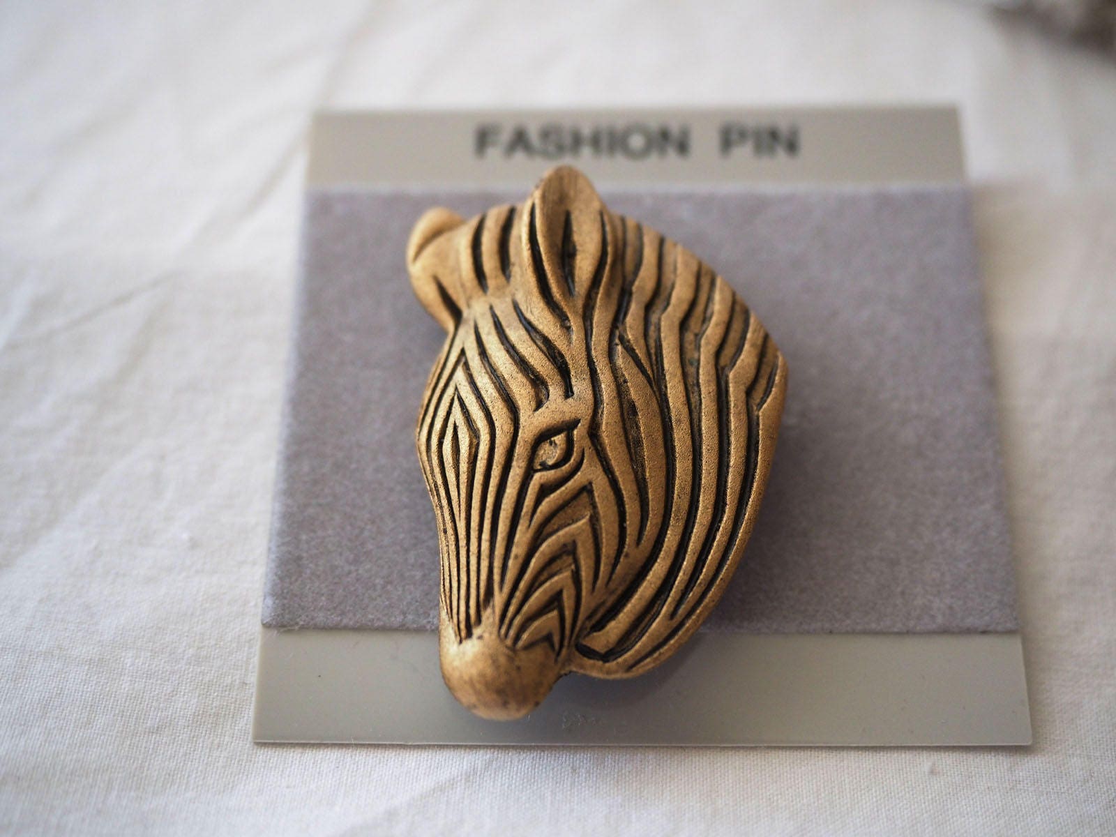 Vintage 1980s Zebra Pin: 3D, Antiqued Gold Tone, Animal Brooch, Hangtag ...