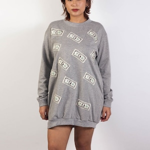 Vestido suéter com notas bancárias de mil dólares americanos, moletom longo feminino, vestido de bolso, vestido felpudo francês de algodão
