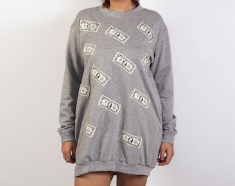 One Thousand US Dollars bank Note Sweater Dress, Women Long Sweatshirt, Pocket Dress, Cotton French Terry Dress