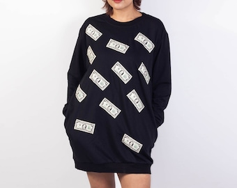 One Thousand US Dollars bank Note Black Sweater Dress, Women Long Sweatshirt, Pocket Dress, Black Dress, Cotton French Terry Dress