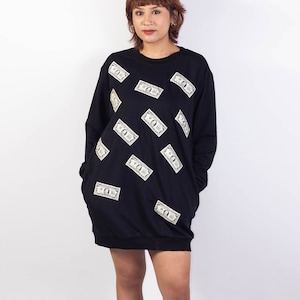 Vestido suéter preto com nota bancária de mil dólares americanos, moletom longo feminino, vestido de bolso, vestido preto, vestido felpudo francês de algodão