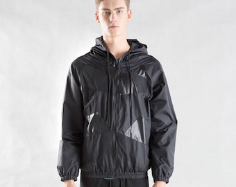 Black Patchwork Unisex Windbreaker Hood Jacket Water Resistance.