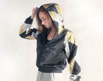 Gold Silver Patchwork Sleeve&Hood Unisex Windbreaker Jacket Waterproof.