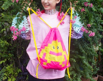 Yellow Pixel Monster Hot Pink Backpack