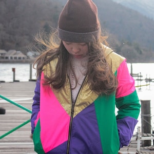 Gold Purple Pink Green Windbreaker Jacket, Gold hooded Jacket, Colorblock, Water Resistant