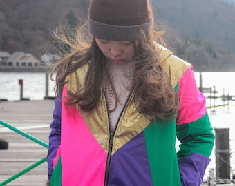 Gold Purple Pink Green Windbreaker Jacket, Gold hooded Jacket, Colorblock, Water Resistant