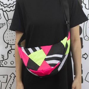 Neon Pink NeonYellow Crossbody Bag, Colorful Dumpling Bag, Nylon Shoulder Bag, Underarm Bag, Upcyle Bag, Half Moon Bag,