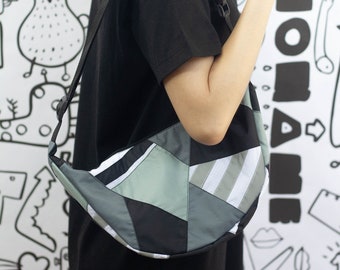 Black Gray Reflective Stripes Crossbody Bag, Colorful Dumpling Bag, Nylon Shoulder Bag, Underarm Bag, Upcyle Bag, Half Moon Bag