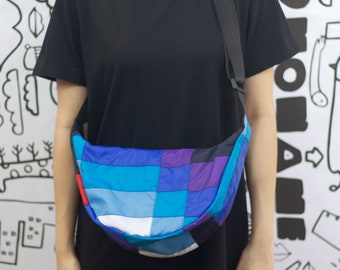Blue Colorblock Colorful Crossbody Bag, Colorful Dumpling Bag, Nylon Shoulder Bag, Underarm Bag, Upcyle Bag, Half Moon Bag,