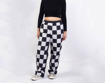 Black And White Checkered Patchwork Unisex Windbreaker Pants, Chessboard Pants, Waterproof Checkered Pants, Track Pants