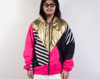 Gold Pink Black Windbreaker Hood Unisex Jacket Waterproof, Gold Hooded Jacket, Neon pink