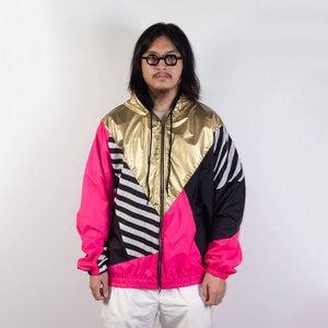 Gold Pink Black Windbreaker Hood Unisex Jacket Water Repellent, Gold Hooded Jacket, Neon pink image 1