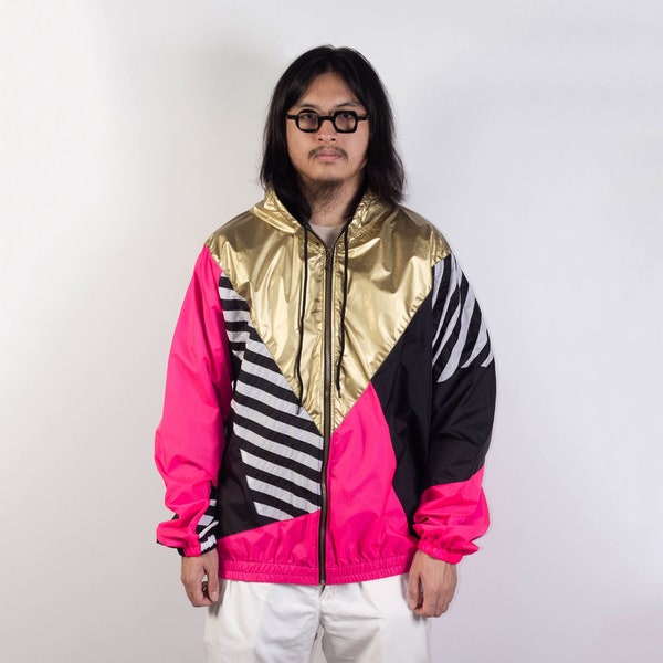 Gold Pink Black Windbreaker Hood Unisex Jacket Water Repellent, Gold Hooded Jacket, Neon pink