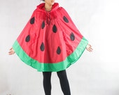 Watermelon Water Repellent Rain Poncho, Cape with Hood, Nylon Rain Jacket, Red with Free Watermelon bag.