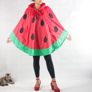 Watermelon Water Repellent Rain Poncho, Cape with Hood, Nylon Rain Jacket, Red with Free Watermelon bag.