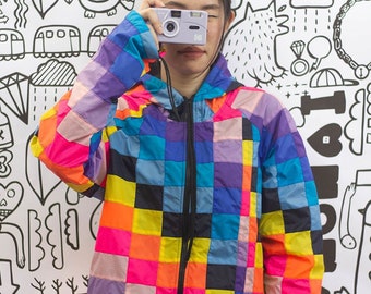 Veste coupe-vent en mosaïque de pixels aux couleurs vives, veste color block, déperlante, veste des années 90
