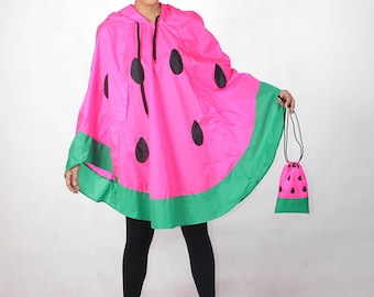 NEON PINK Watermelon Waterproof Rain Poncho,Cape Hood, Nylon Rain Jacket, with Free Watermelon Bag.