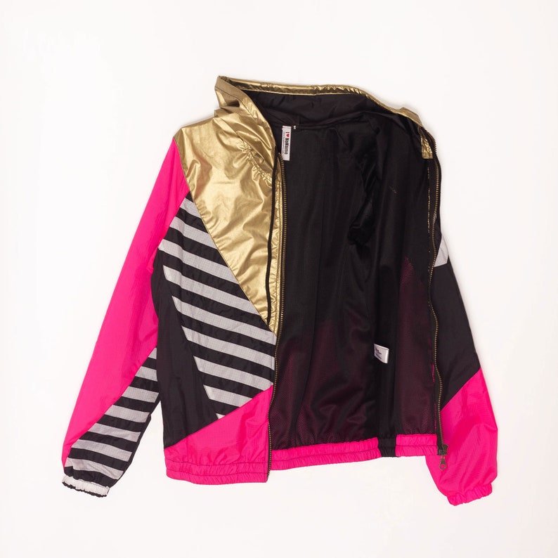 Gold Pink Black Windbreaker Hood Unisex Jacket Water Repellent, Gold Hooded Jacket, Neon pink image 10