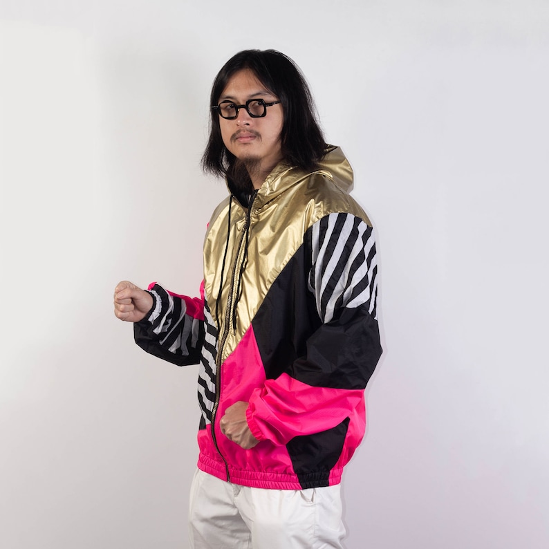Gold Pink Black Windbreaker Hood Unisex Jacket Water Repellent, Gold Hooded Jacket, Neon pink image 5