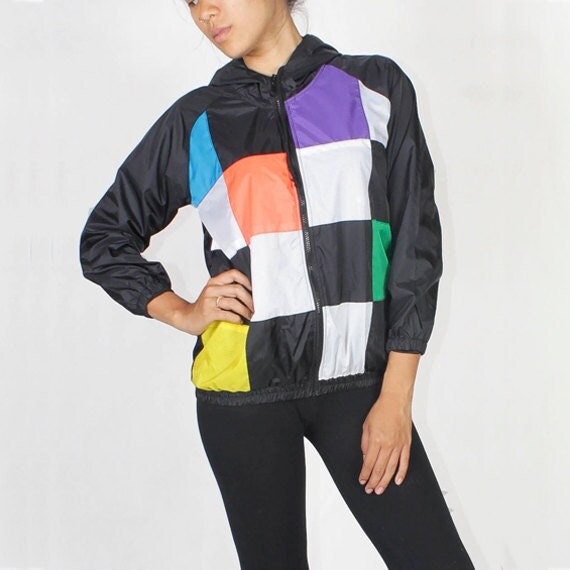 Square Patchwork Windbreaker Hood Jacket Waterproof Etsy