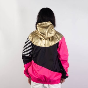 Gold Pink Black Windbreaker Hood Unisex Jacket Water Repellent, Gold Hooded Jacket, Neon pink image 6