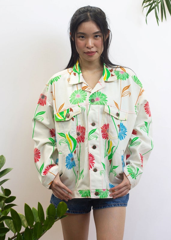 【Vintage】flower jacket Mixed Floral Canvas Jacket, Vintage Print Denim Jacket