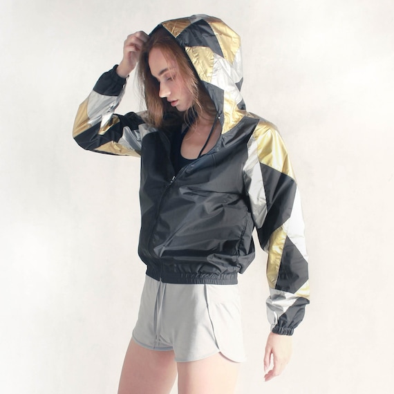 Gold Silver Patchwork Sleeve hood Unisex Windbreaker Jacket Water Repellent. Etsy Canada