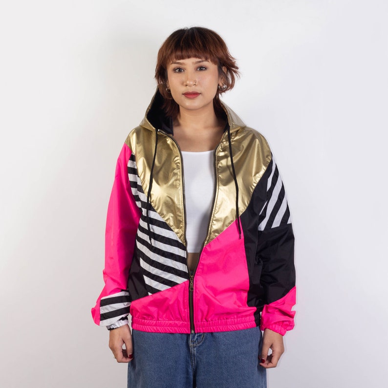 Gold Pink Black Windbreaker Hood Unisex Jacket Water Repellent, Gold Hooded Jacket, Neon pink image 2