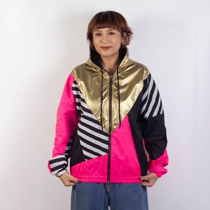 Gold Pink Black Windbreaker Hood Unisex Jacket Water Repellent, Gold Hooded Jacket, Neon pink image 4