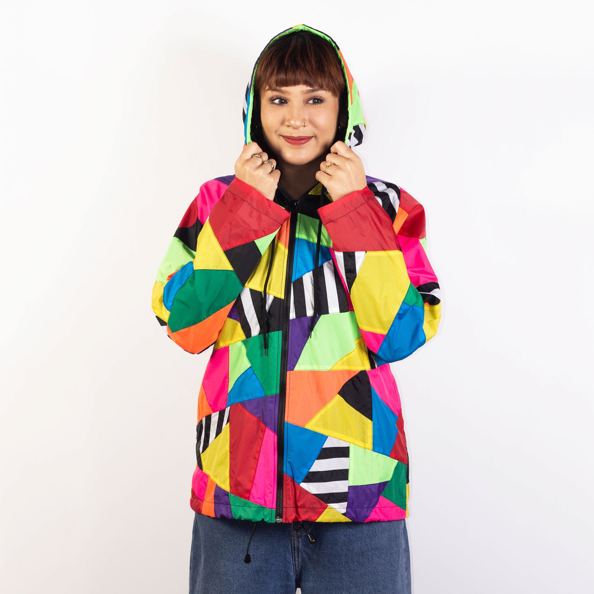 【美品】RAINMAKER STANDUP SHAWLCOLLARJACKET Upcycled Patchwork Windbreaker Jacket, Festival Patchwork