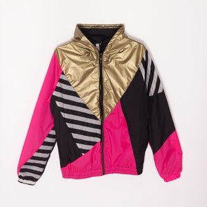 Gold Pink Black Windbreaker Hood Unisex Jacket Water Repellent, Gold Hooded Jacket, Neon pink image 7