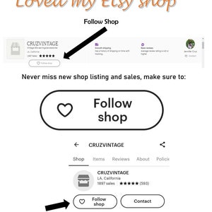 Może przedstawiać: Zrzut ekranu strony sklepu Etsy dla CRUZVINTAGE, sklepu sprzedającego vintage'owe kolczyki i akcesoria z lat 90. Sklep zrealizował 1 897 sprzedaży i ma ocenę 5 gwiazdek. Strona zachęca odwiedzających do śledzenia sklepu, aby nie przegapić nowych ofert i wyprzedaży.