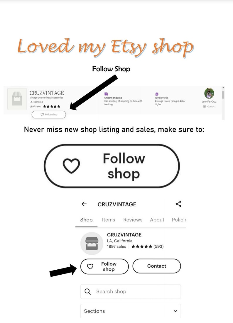 Może przedstawiać: Zrzut ekranu strony sklepu Etsy dla CRUZVINTAGE, sklepu sprzedającego vintage'owe kolczyki i akcesoria z lat 90. Sklep zrealizował 1 897 sprzedaży i ma ocenę 5 gwiazdek. Strona zachęca odwiedzających do śledzenia sklepu, aby nie przegapić nowych ofert i wyprzedaży.