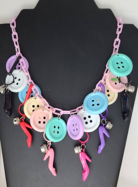 Vintage Jewelry- Bell Charm High Heels Button Necklace- 90s 