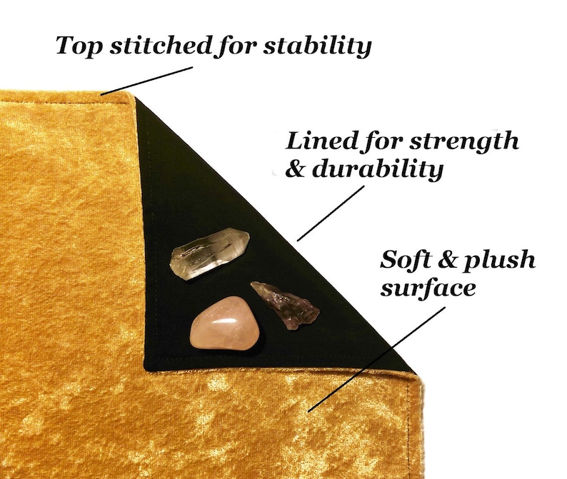 May include: A gold velvet crystal grid with a black velvet lining. The grid has a top stitched edge for stability and a soft, plush surface. The text "Lined for strength & durability" is visible.