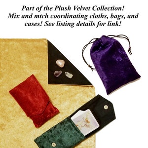 May include: A set of plush velvet pouches in various colors, including gold, red, green, purple, and black. The pouches are arranged on a gold velvet background. The text "Part of the Plush Velvet Collection! Mix and match coordinating cloths, bags, and cases! See listing details for link!" is visible at the top of the image.