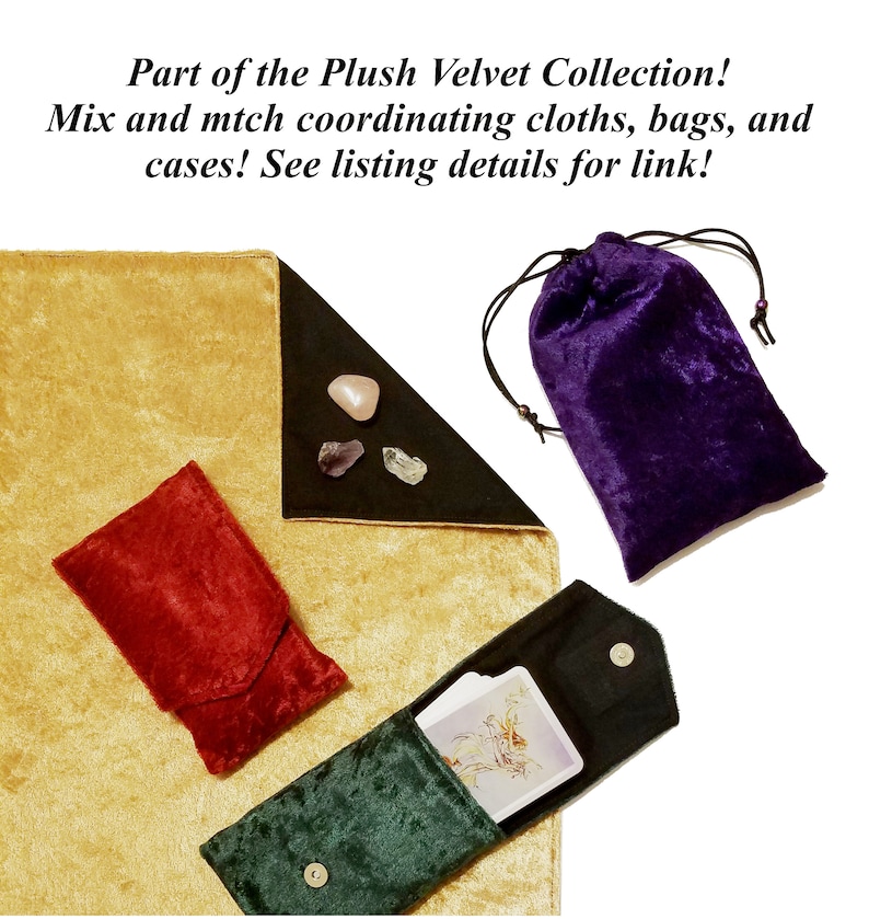 May include: A set of plush velvet pouches in various colors, including gold, red, green, purple, and black. The pouches are arranged on a gold velvet background. The text "Part of the Plush Velvet Collection! Mix and match coordinating cloths, bags, and cases! See listing details for link!" is visible at the top of the image.