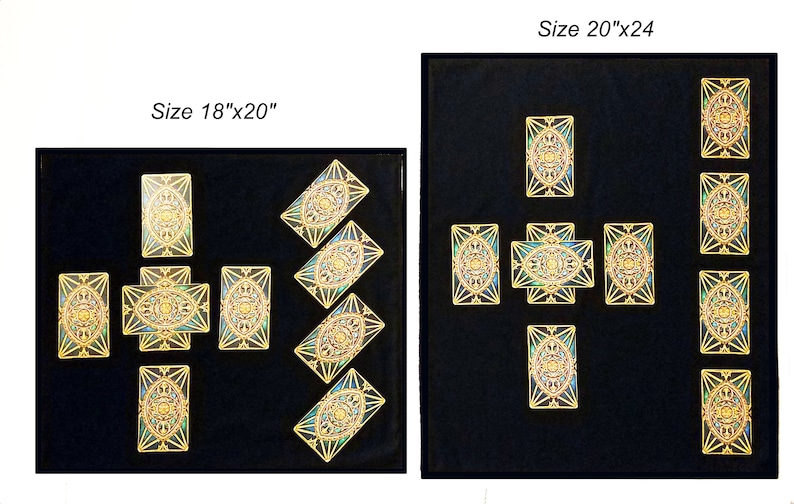 May include: Two black velvet boards with gold trim, each displaying a different size tarot card spread. The smaller board is 18 inches by 20 inches and shows a 5-card spread. The larger board is 20 inches by 24 inches and shows a 9-card spread. Both boards feature intricate gold and blue tarot cards.