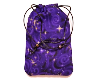 Purple Stars Tarot Bag, Celestial Pouch, Drawstring Card Holder (5"x7")