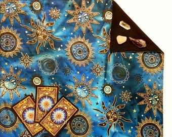 Celestial Batik Tarot Altar Cloth: Sun, Moon, Stars, Velvet or Silk Lining