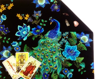 Peacock Tarot Cloth, Metallic Floral Runes, Cotton Velvet or Silk, Miniature Option