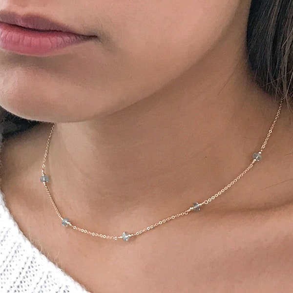 Dainty Aquamarine Necklace - March Birthstone - March Birthday Gift Idea - Gift for Wife, Daughter, Girlfriend - Aquamarine Choker Necklace