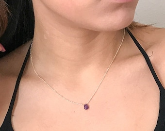 Tiny Amethyst Necklace -  Super Dainty February Birthstone Necklaces for Women - Purple Gemstone Avail Gold, Rose Gold, and Sterling Silver