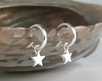 Hoop Earrings with Charm - Huggie Hoop Earrings Silver - Sterling Silver Star Earrings