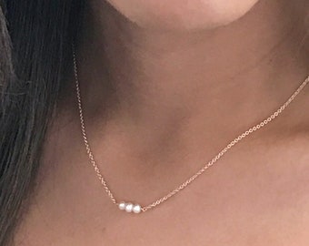 Three Pearl Choker Necklace Gold, Silver or Rose Gold - Small Pearl Necklaces for Women - June Birthstone - 3 Pearl Necklace