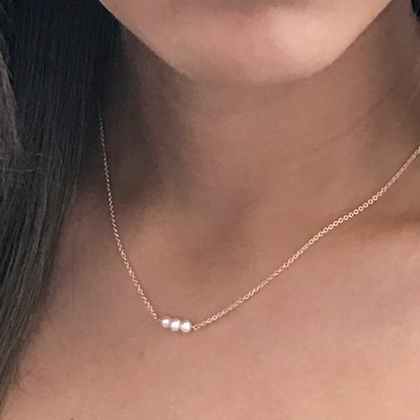 Three Pearl Choker Necklace Gold, Silver or Rose Gold - Small Pearl Necklaces for Women - June Birthstone - 3 Pearl Necklace